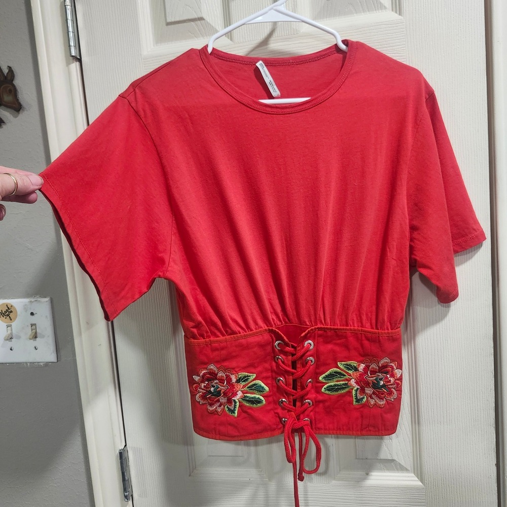 Zara Red Corset Lace Up Floral Embroidered Short Sleeve Top Size M - Picture 3 of 8